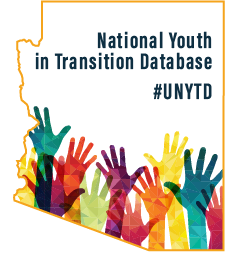 Arizona NYTD Logo, Gold outline of Arizona with colorful raised hands within. Text reads: National Youth in Transition Database #UNYTD 